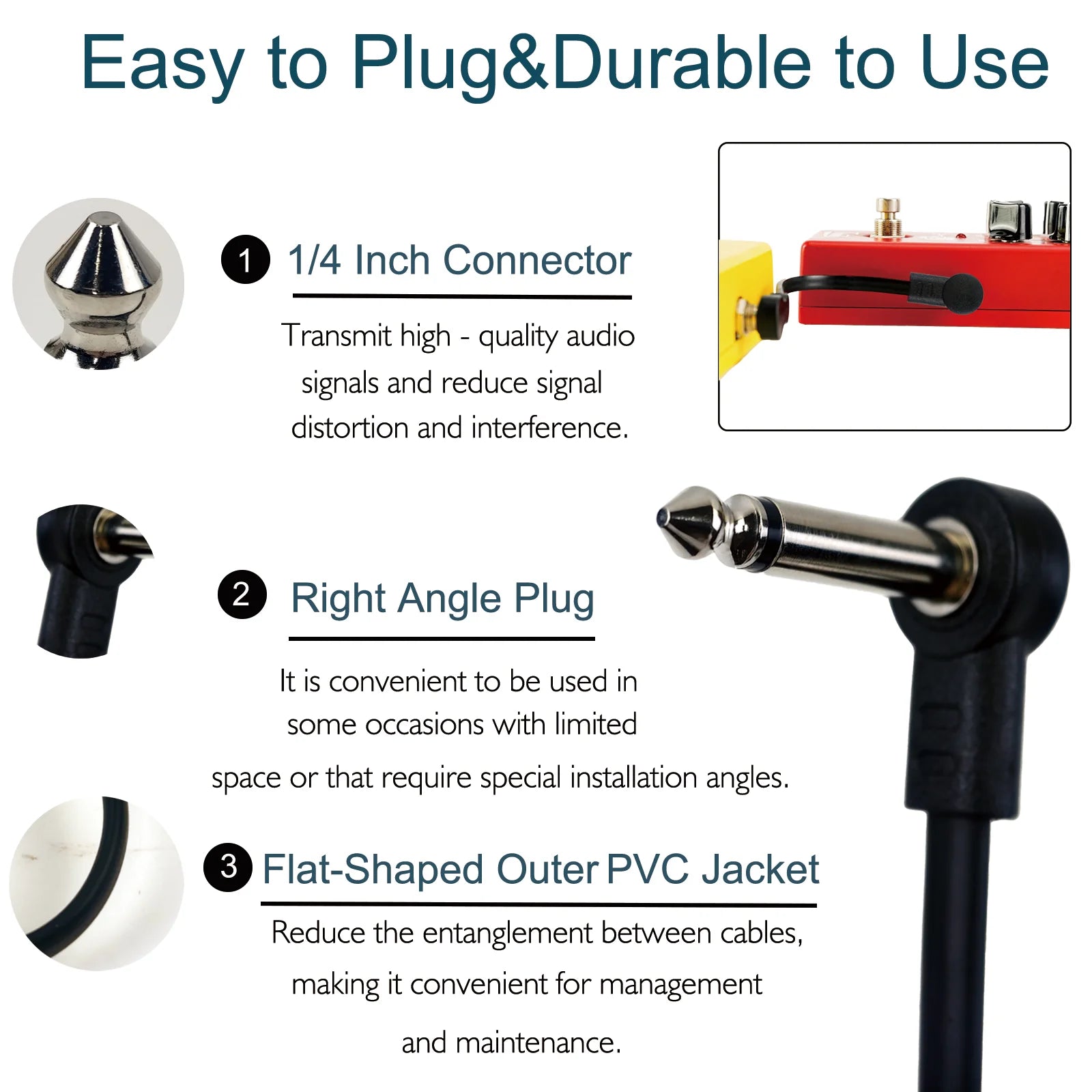 Miwayer Anti-Noise Electric Guitar Pedal Audio Cable 1/4 Right Angle Pedal Connectors/for Pedal Music Instrument Accessories