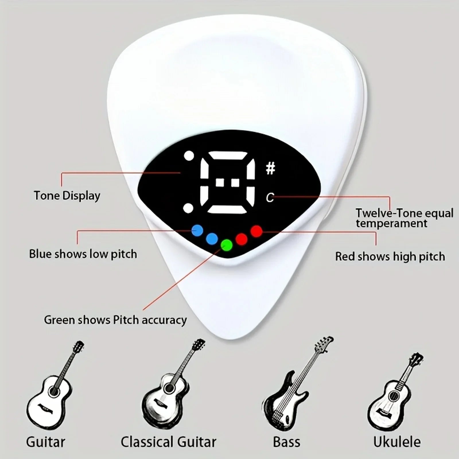 2-in-1 Guitar Pick & Tuner - Portable, Multi-Purpose Pitch Calibrator for Folk Guitars and Ukuleles, 12-Tone Equal Temperament,